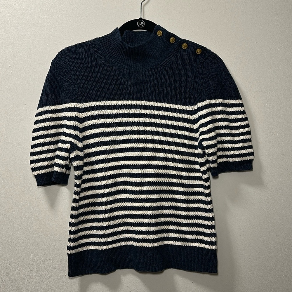 Maeve Anthropologie Women’s Navy/White Stripe Short Sleeve Fall Sweater Sz L